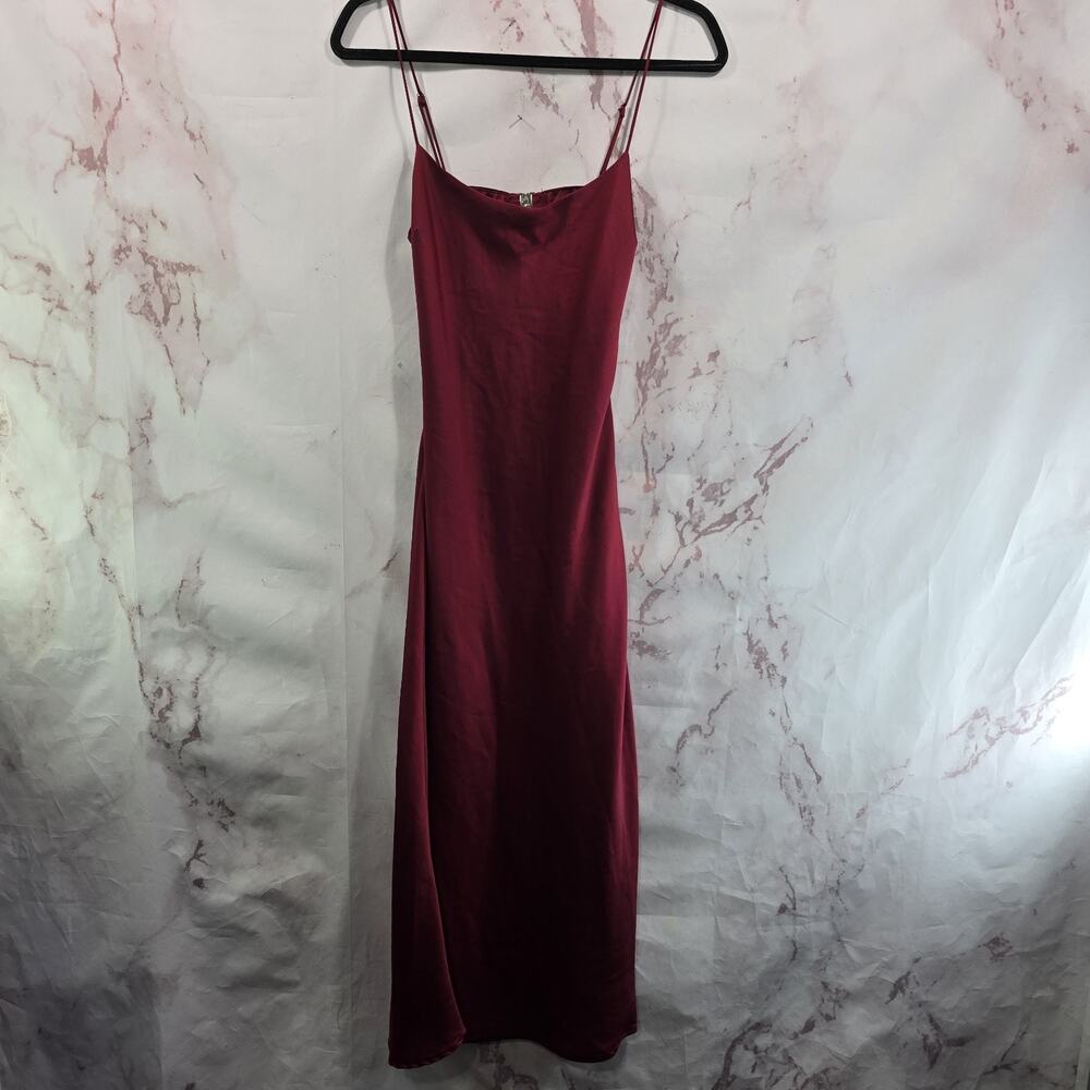 NIA Dress Womens Small Red Maroon Satin Slip Charmeuse Spaghetti Cut Out Midi